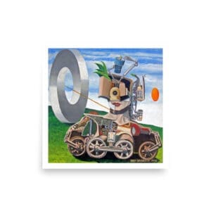 Surreal mechanical humanoid vehicle with large ring
