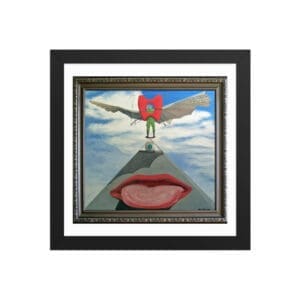 Framed surreal painting: flying figure above lips