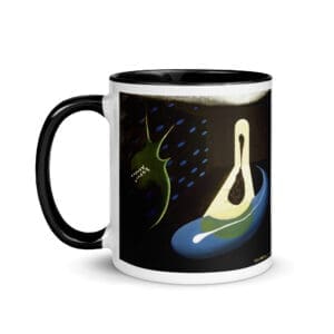 White mug with black handle featuring surreal design