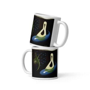 Stacked white mugs with abstract pear design