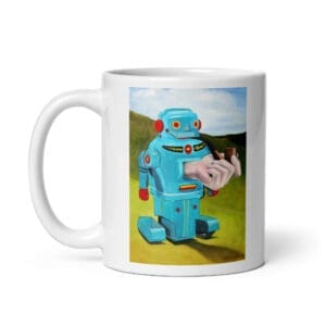 White mug with retro blue robot