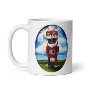 White mug with grinning red robot illustration