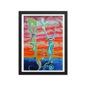 Framed surreal painting of two tall aliens
