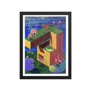 Surreal framed painting of floating blocks, crying creature