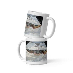 Two stacked mugs with bat illustration