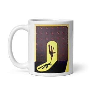 White mug with hand silhouette and moons
